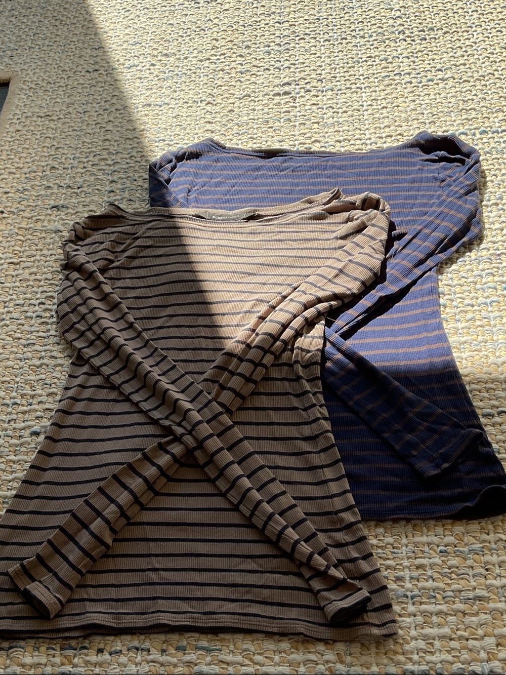 BCBGMaxAzria Striped boatneck Long-Sleeve Tops in Brown and Navy